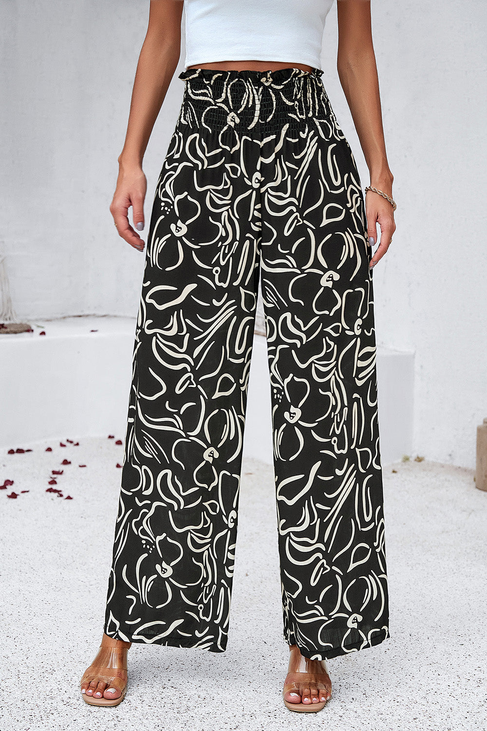 Devine Smocked Printed Wide Leg Pants with Pockets