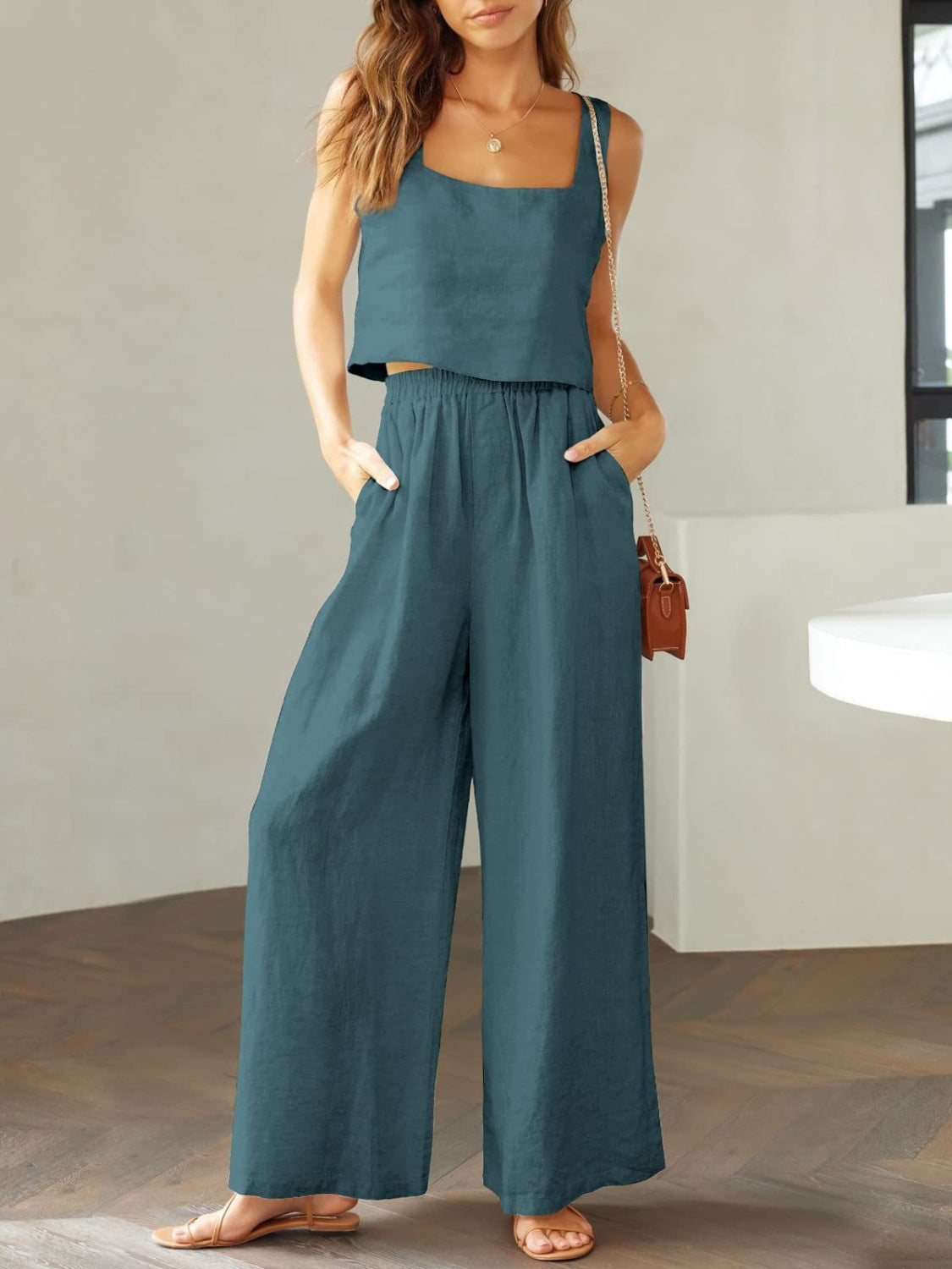 Square Neck Top and Wide Leg Pants Set - Lily and Lavender Boutique