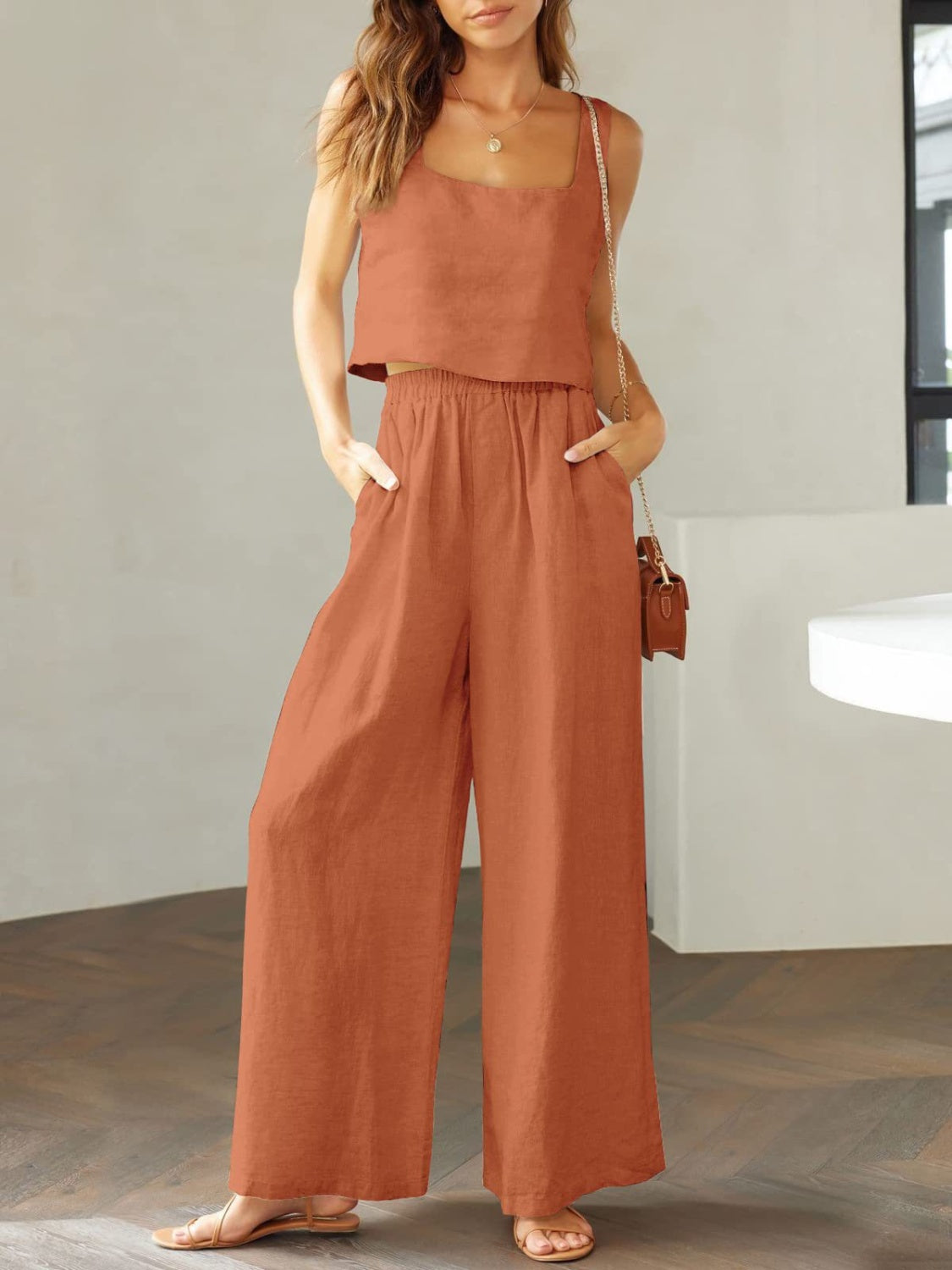 Square Neck Top and Wide Leg Pants Set - Lily and Lavender Boutique