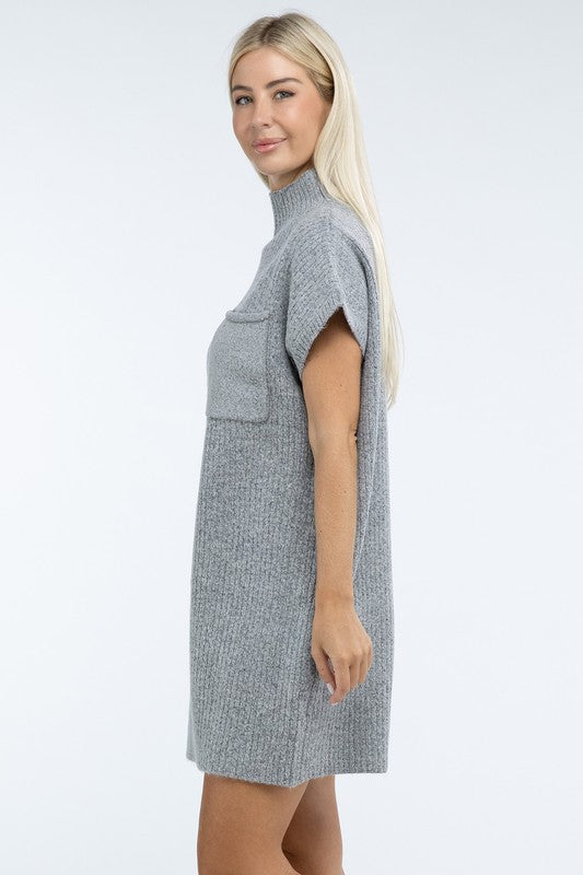 Mock Neck Short Sleeve Sweater Dress with Pocket - Lily and Lavender Boutique