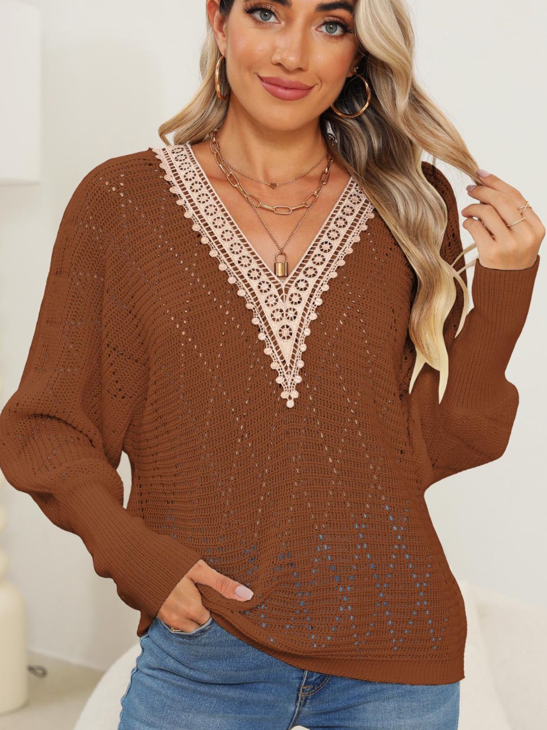 Lace Detail V-Neck Long Sleeve Sweater