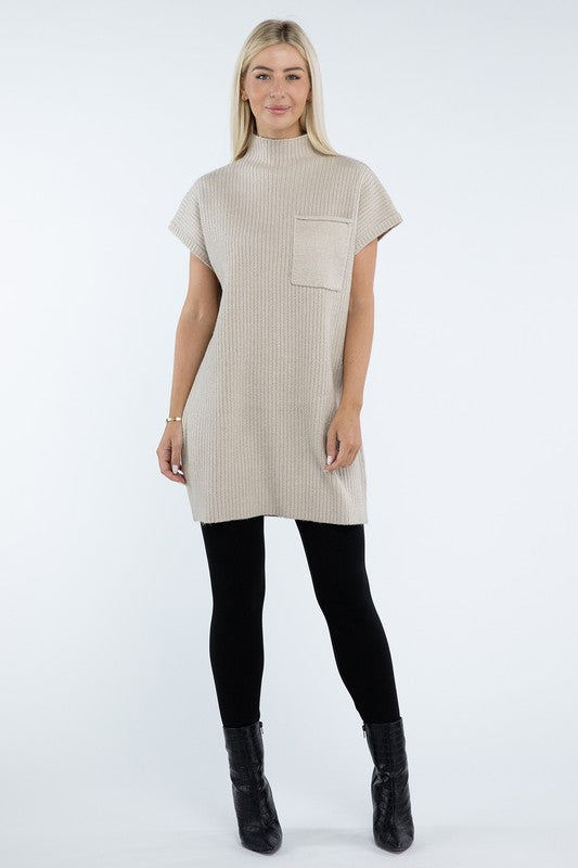 Mock Neck Short Sleeve Sweater Dress with Pocket - Lily and Lavender Boutique