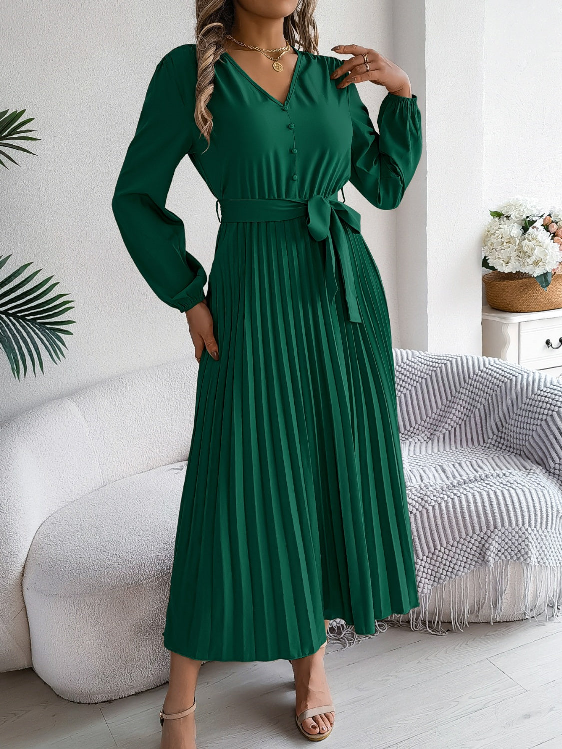 Pleated Tied V-Neck Long Sleeve Dress