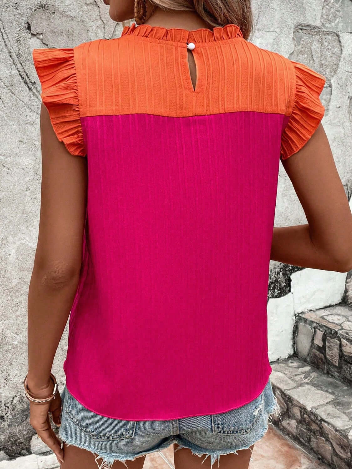 Frill Contrast Round Neck Cap Sleeve Top