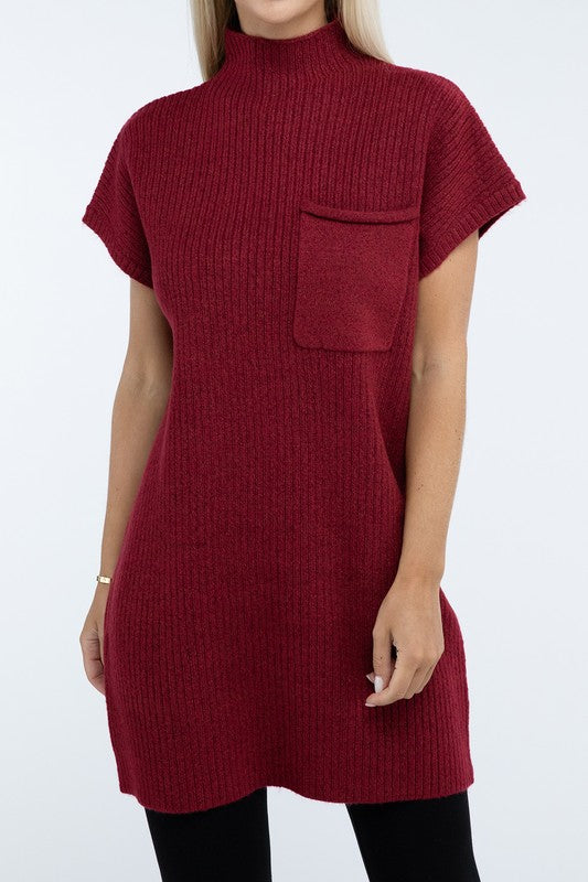 Mock Neck Short Sleeve Sweater Dress with Pocket - Lily and Lavender Boutique