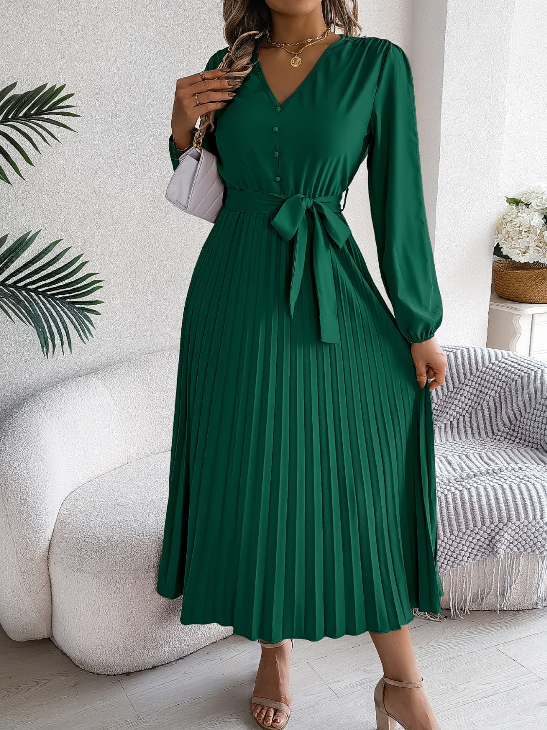 Pleated Tied V-Neck Long Sleeve Dress