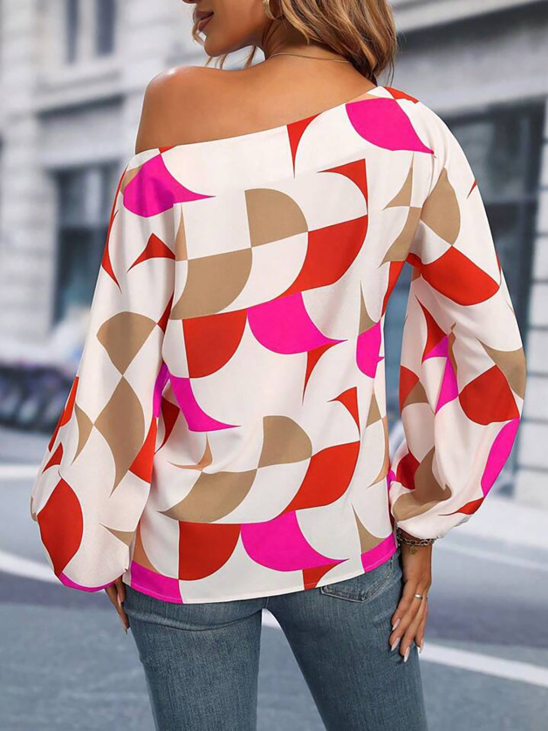 Printed One Shoulder Balloon Sleeve Blouse - Lily and Lavender Boutique