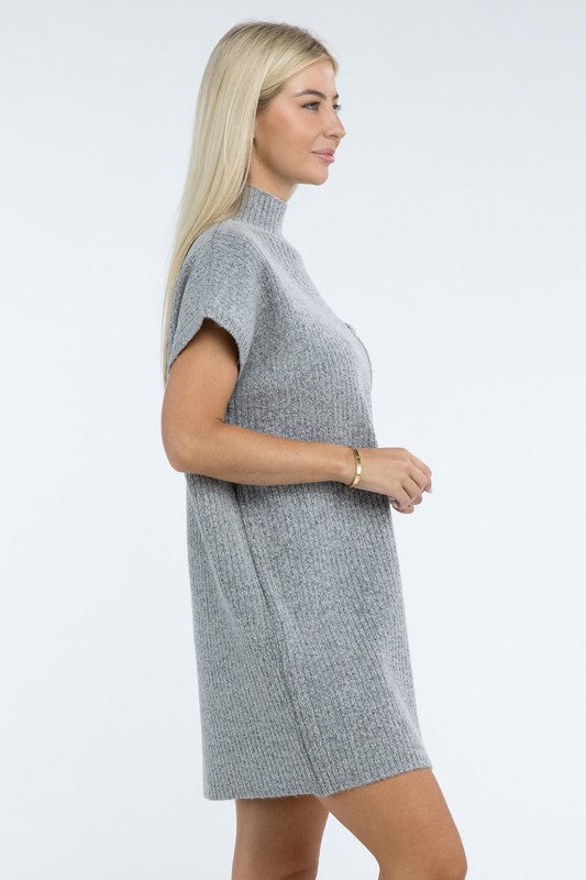 Mock Neck Short Sleeve Sweater Dress with Pocket - Lily and Lavender Boutique