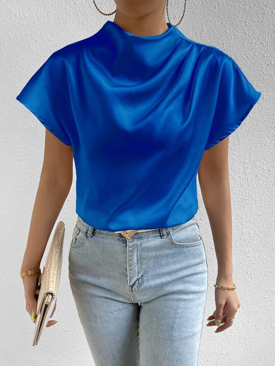 Ruched Mock Neck Short Sleeve Blouse