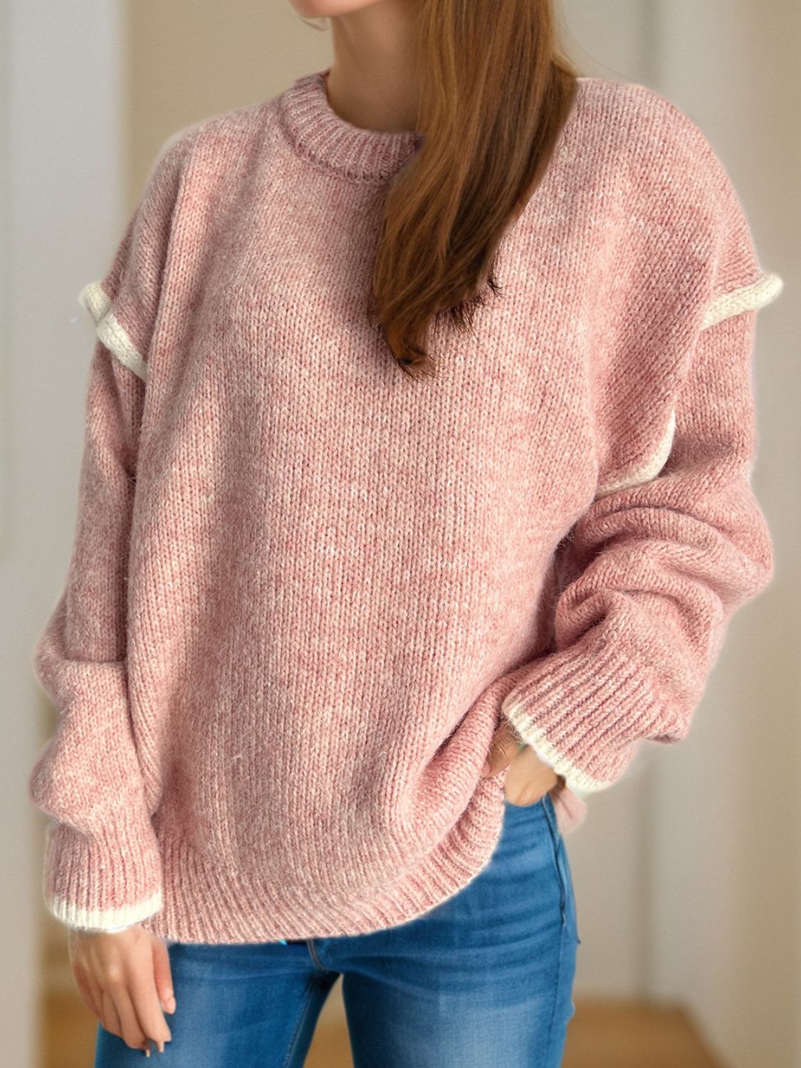 Contrast Trim Round Neck Dropped Shoulder Sweater