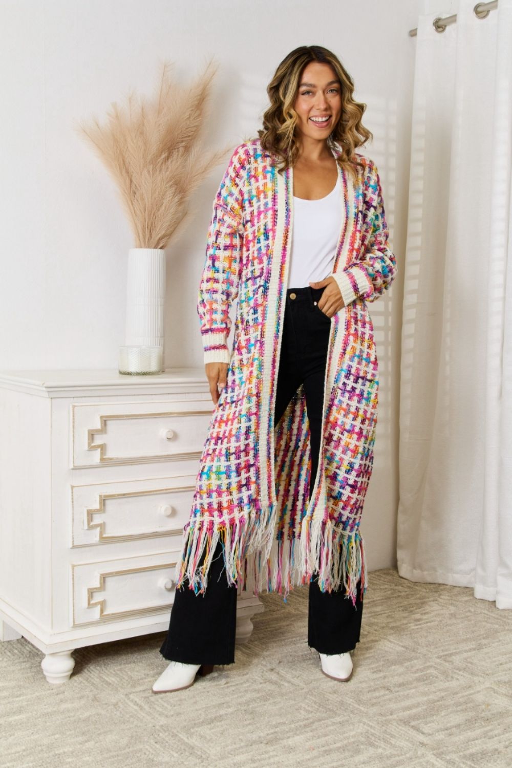 Multicolored Open Front Fringe Hem Cardigan - Lily and Lavender Boutique