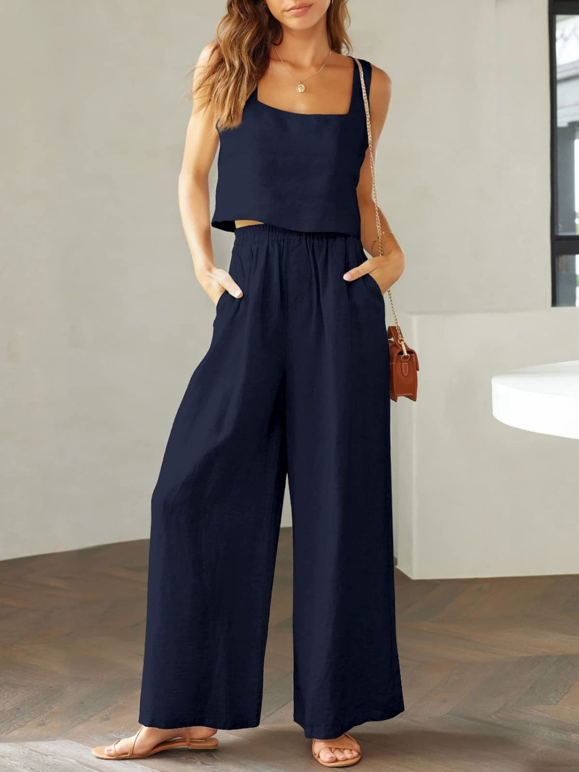 Square Neck Top and Wide Leg Pants Set - Lily and Lavender Boutique