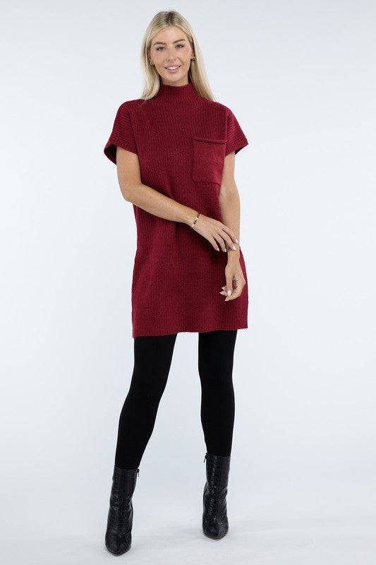 Mock Neck Short Sleeve Sweater Dress with Pocket - Lily and Lavender Boutique