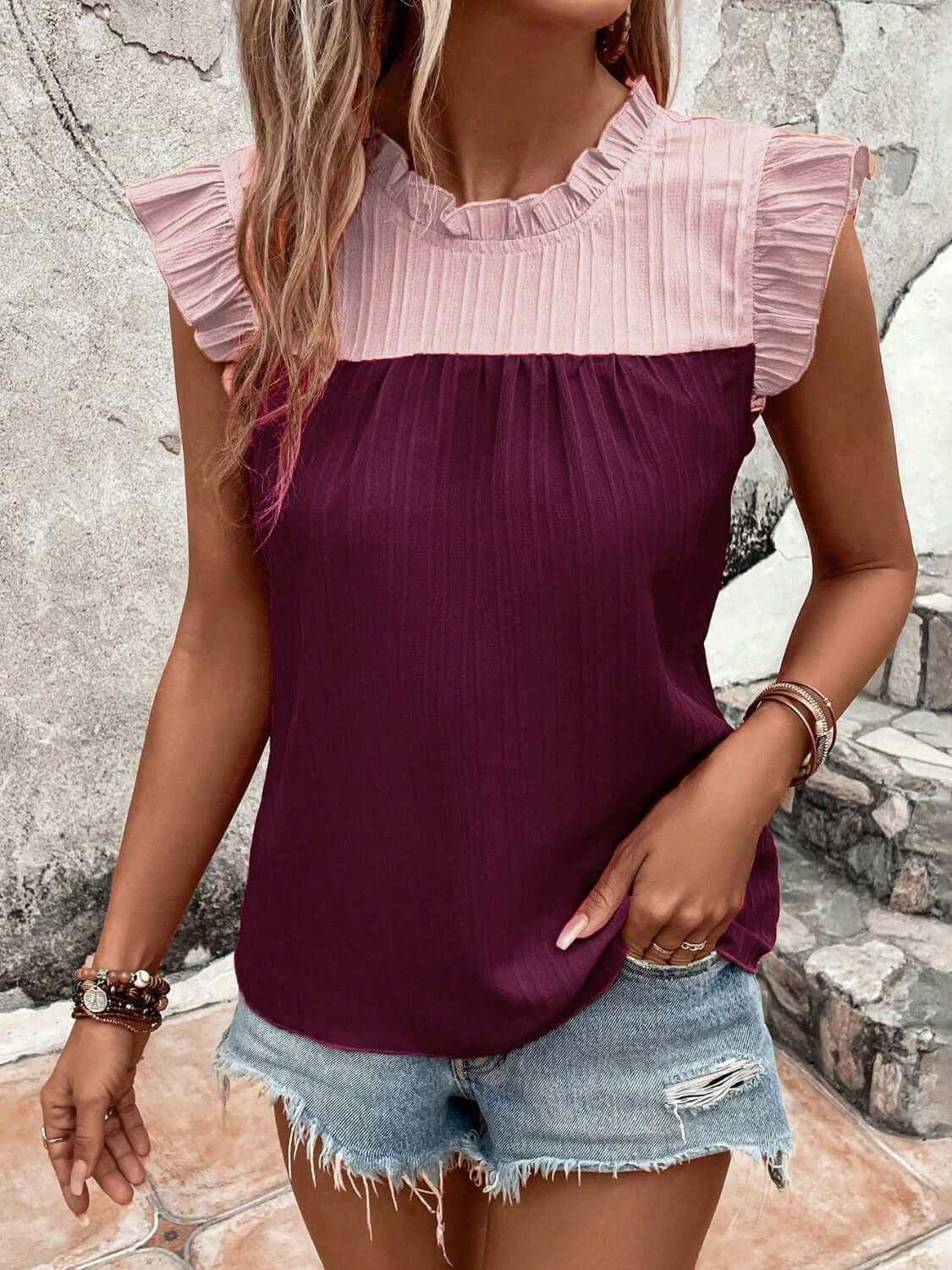 Frill Contrast Round Neck Cap Sleeve Top