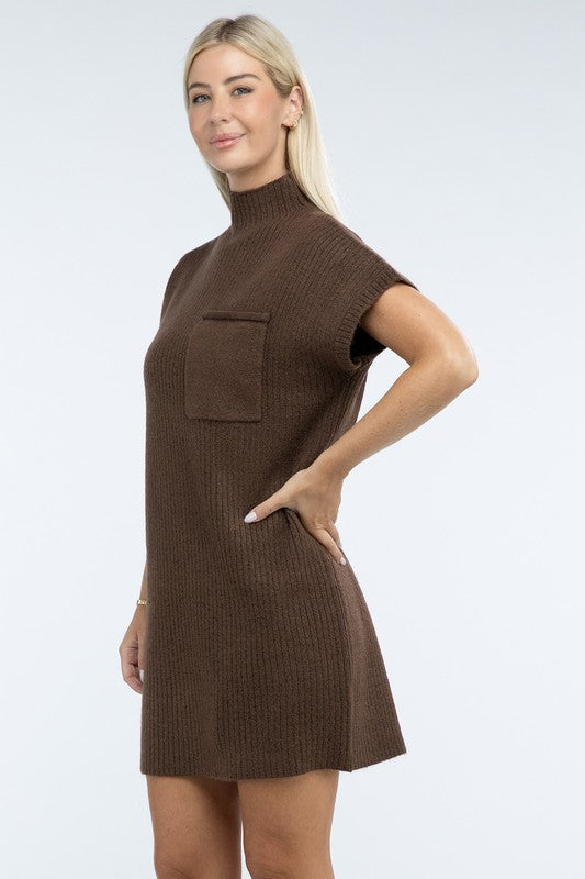 Mock Neck Short Sleeve Sweater Dress with Pocket - Lily and Lavender Boutique