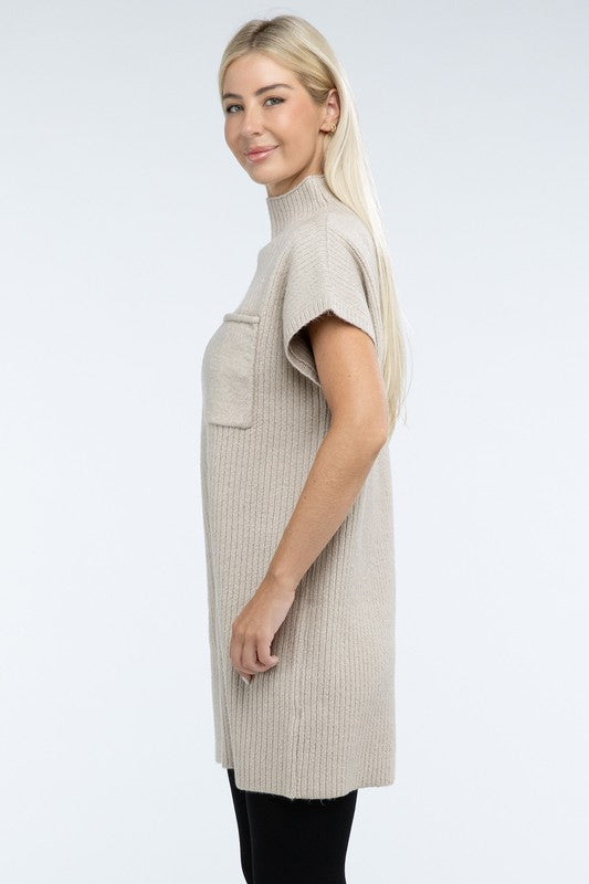 Mock Neck Short Sleeve Sweater Dress with Pocket - Lily and Lavender Boutique