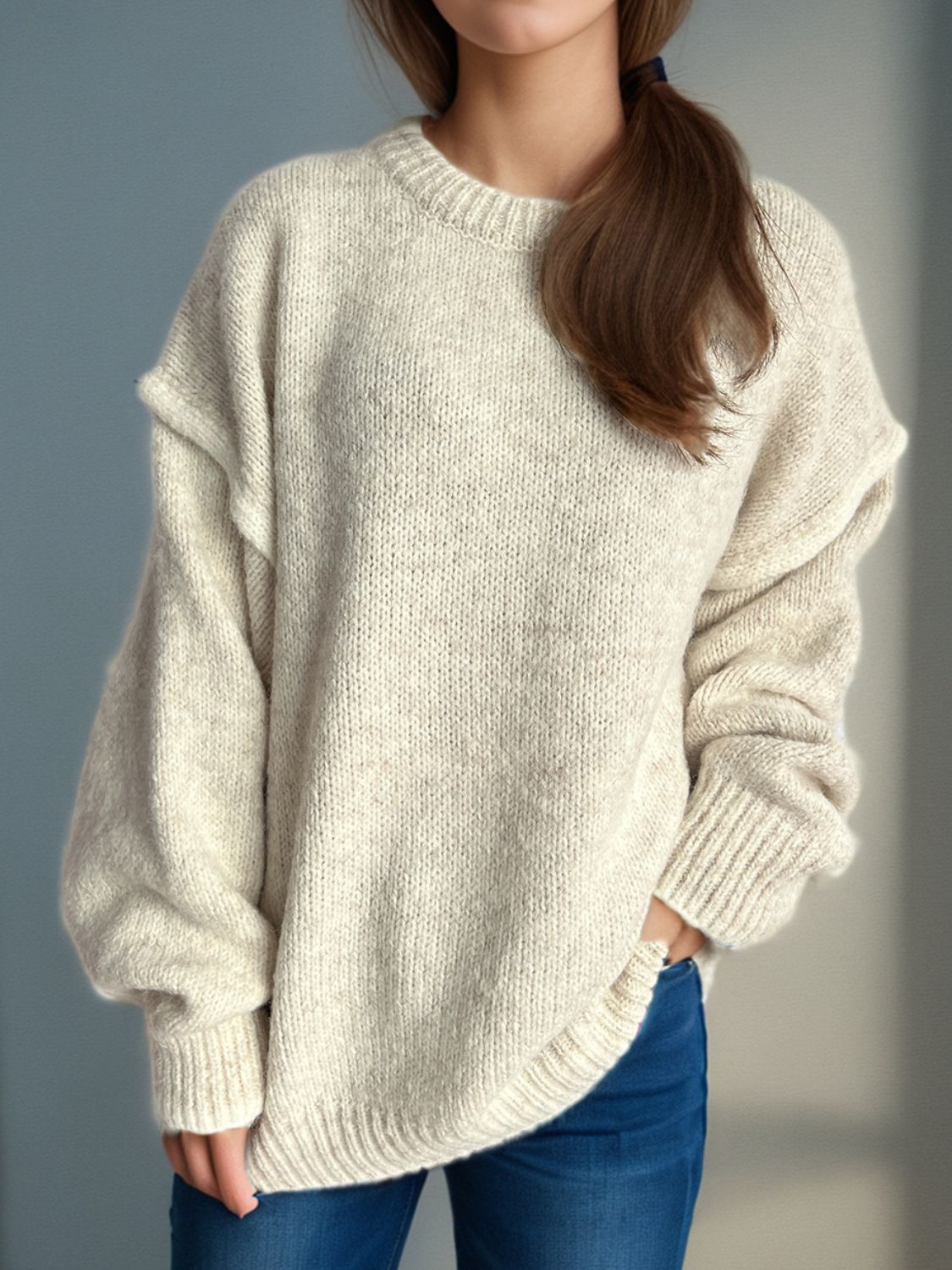 Contrast Trim Round Neck Dropped Shoulder Sweater