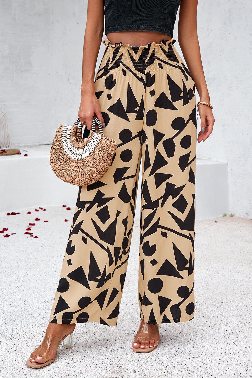 Devine Smocked Printed Wide Leg Pants with Pockets