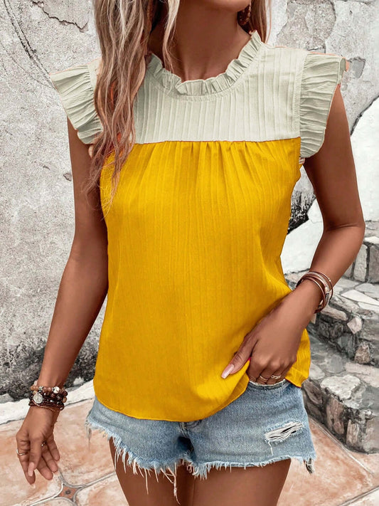 Frill Contrast Round Neck Cap Sleeve Top