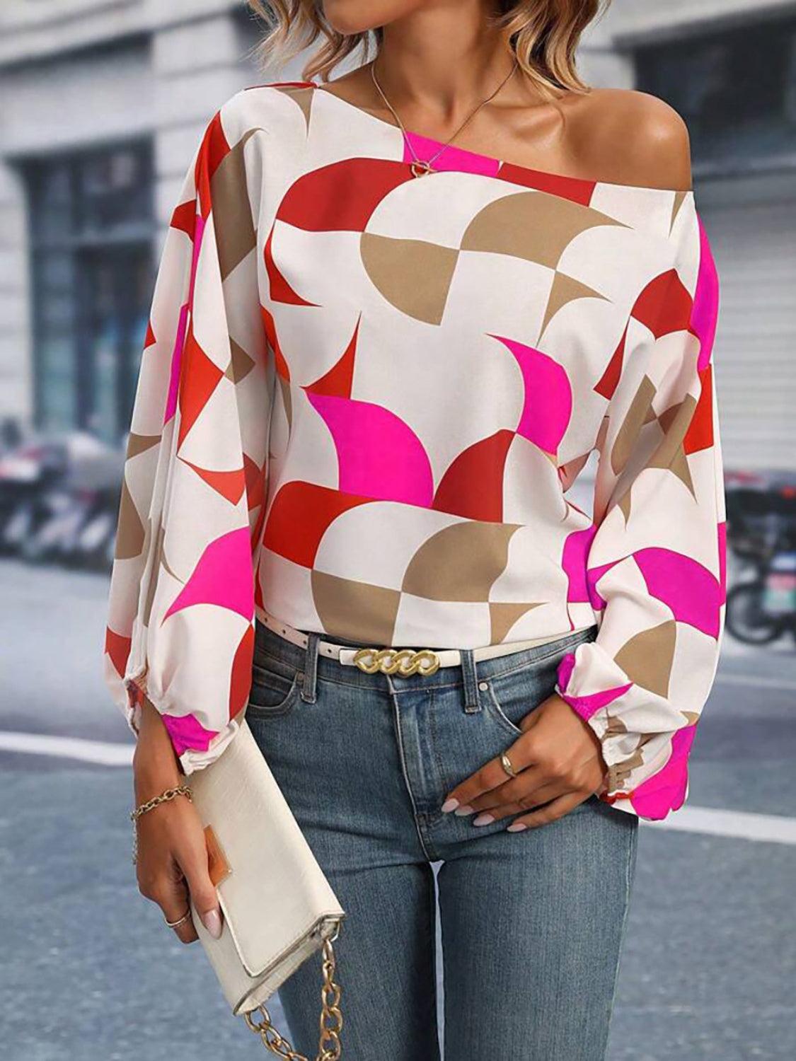 Printed One Shoulder Balloon Sleeve Blouse - Lily and Lavender Boutique