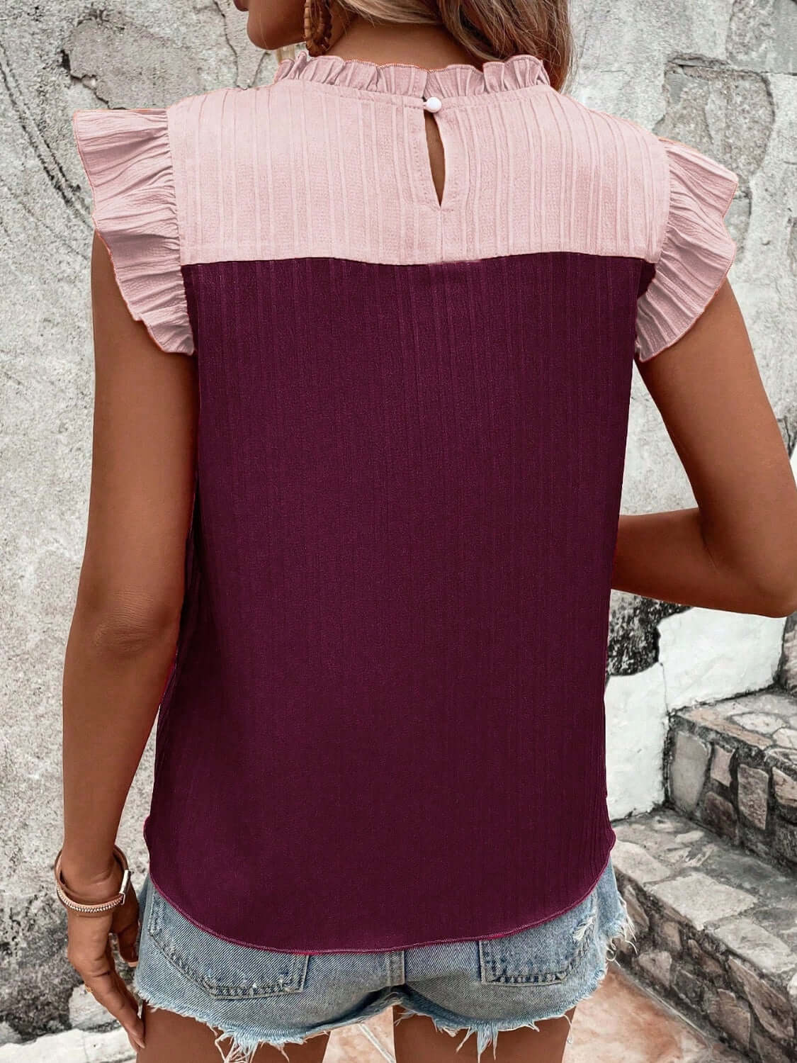 Frill Contrast Round Neck Cap Sleeve Top