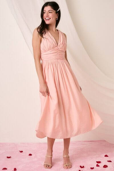 Mittoshop Ruched V-Neck Sleeveless Midi Dress - Lily and Lavender Boutique