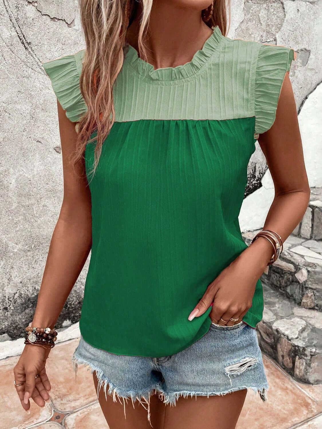 Frill Contrast Round Neck Cap Sleeve Top