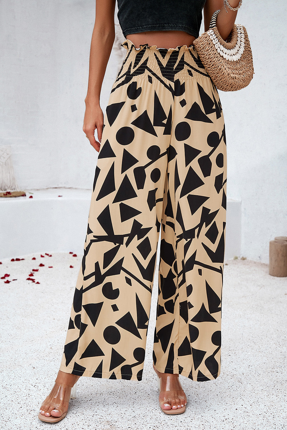 Devine Smocked Printed Wide Leg Pants with Pockets