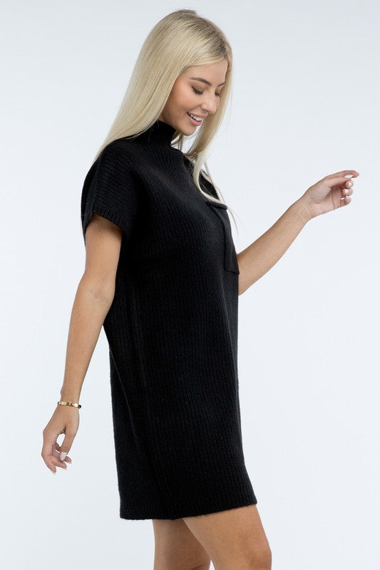 Mock Neck Short Sleeve Sweater Dress with Pocket - Lily and Lavender Boutique
