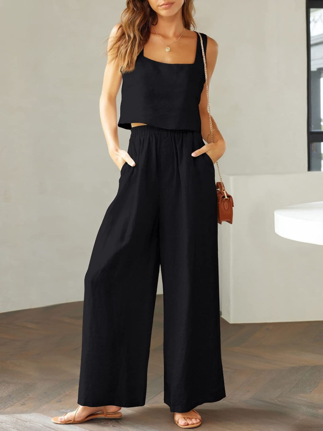 Square Neck Top and Wide Leg Pants Set - Lily and Lavender Boutique