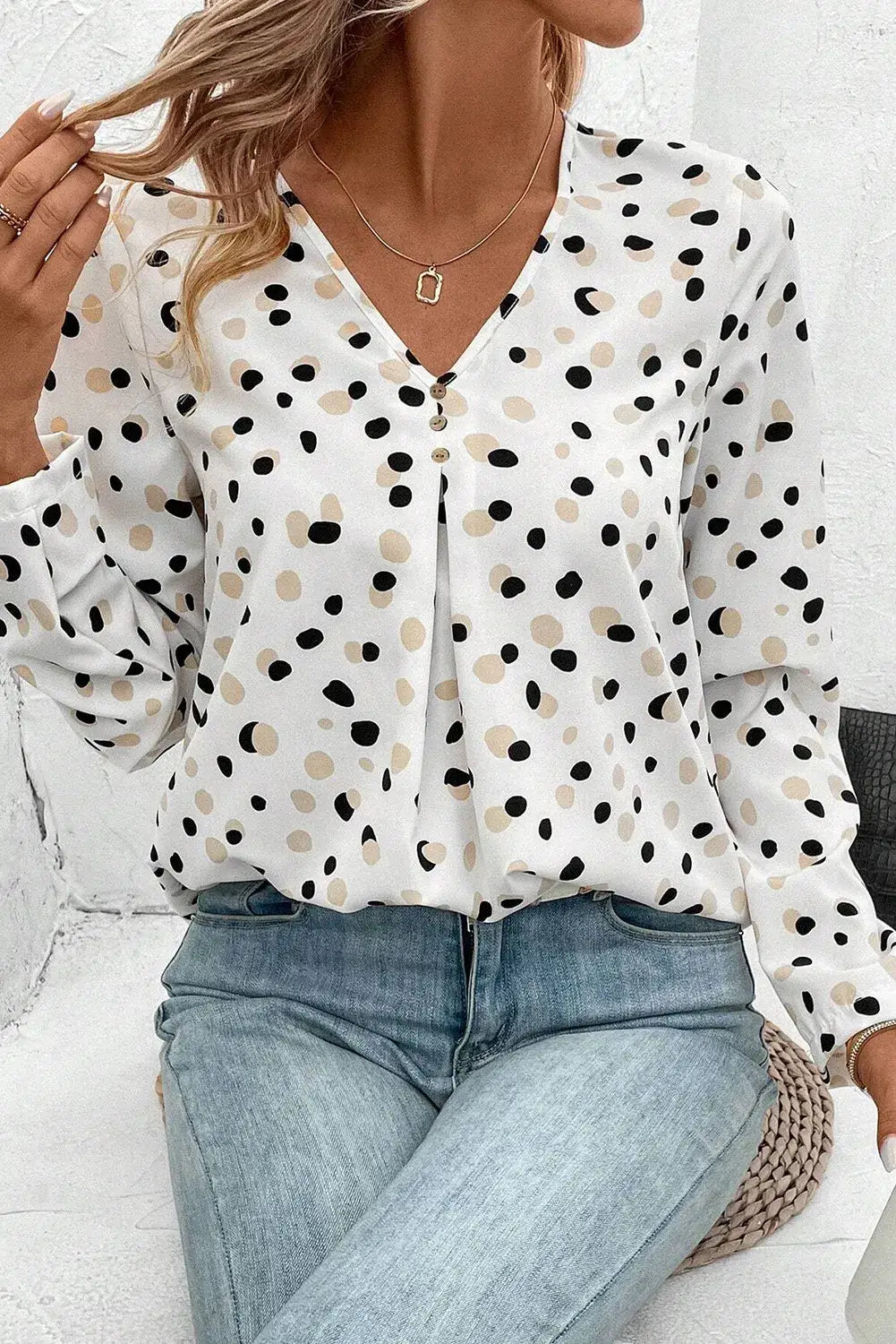 Printed V-Neck Long Sleeve Blouse