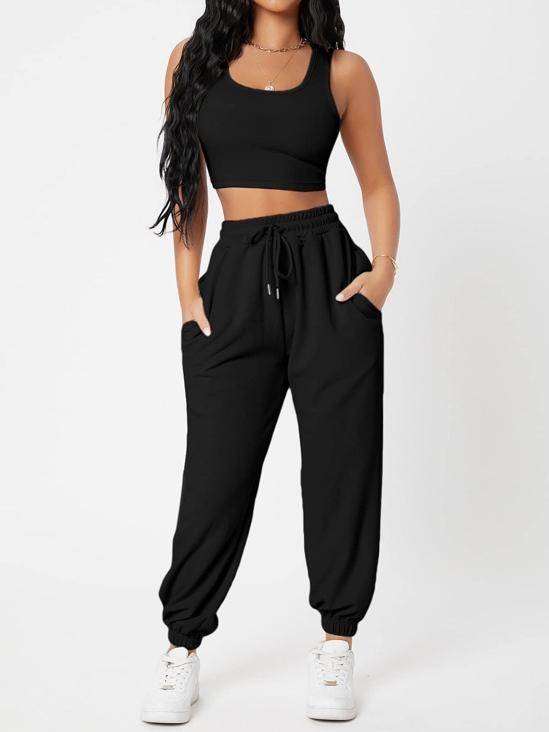 Wide Strap Top and Drawstring Joggers Set - Lily and Lavender Boutique