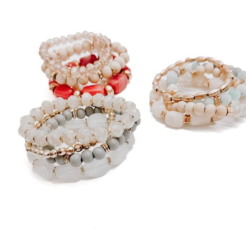 Stone Sunrise Combo Beaded Bracelet Set: Red