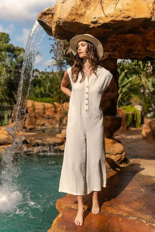 Annie Wear Button Detail Wide Leg Jumpsuit with Pockets - Lily and Lavender Boutique