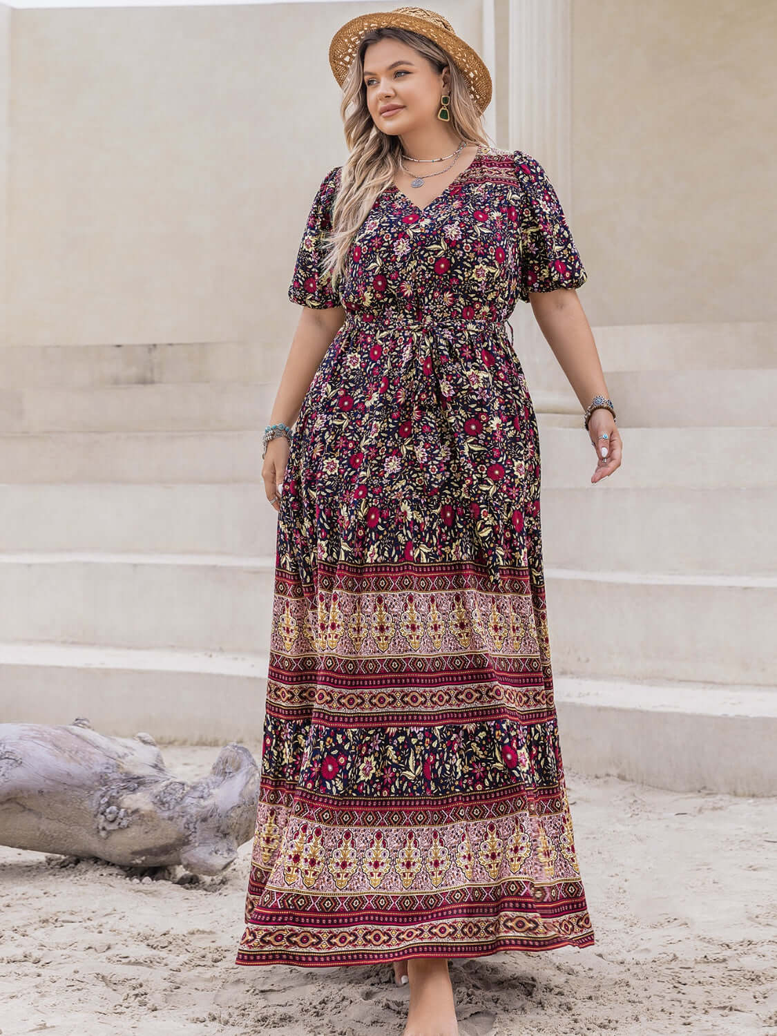 Plus Size Printed V-Neck Short Sleeve Maxi Dress with Floral Design for Women, 100% Viscose, Non-Stretch, Available in Sizes 0XL-3XL