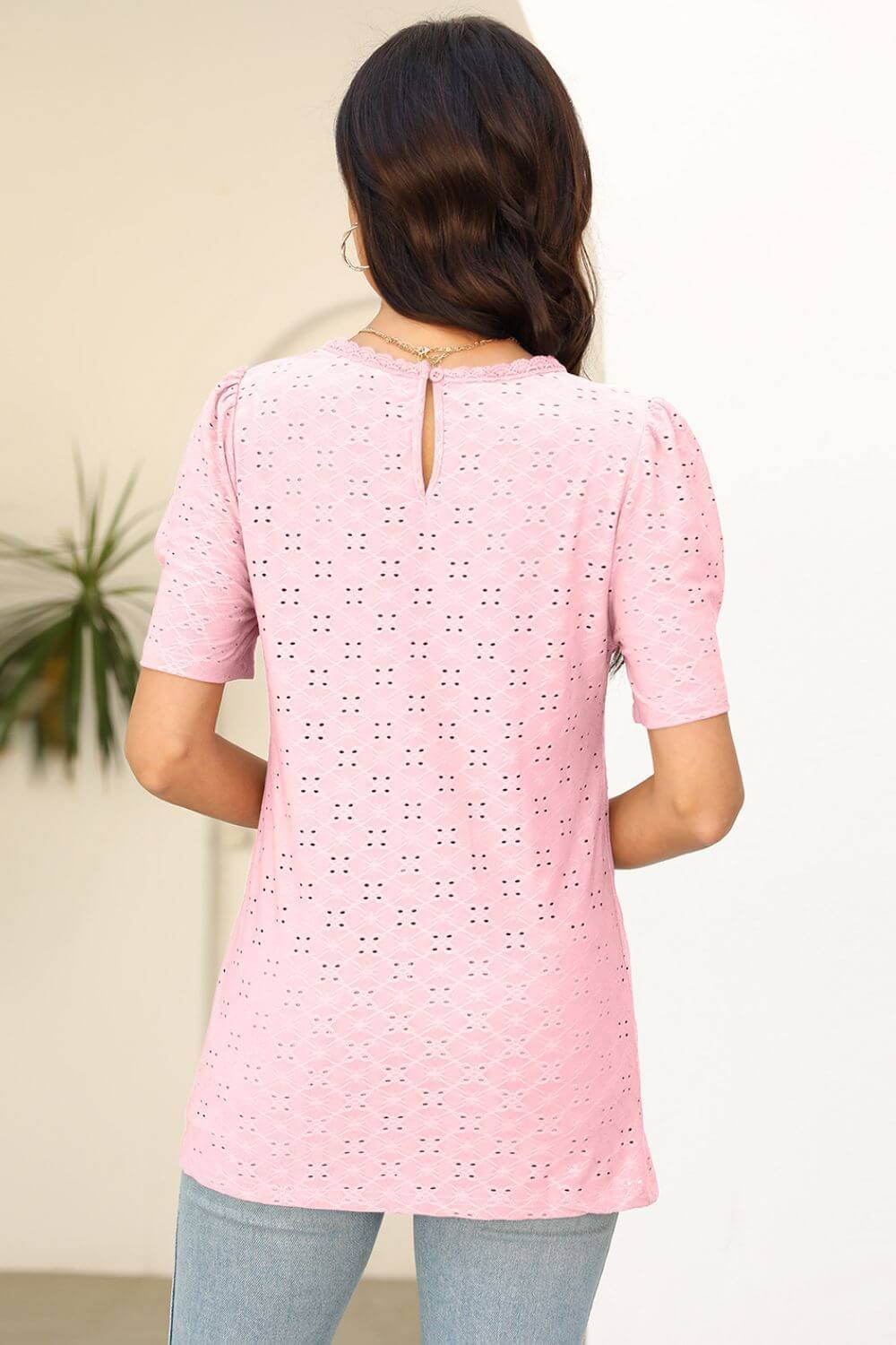 Eyelet Round Neck Short Sleeve T-Shirt