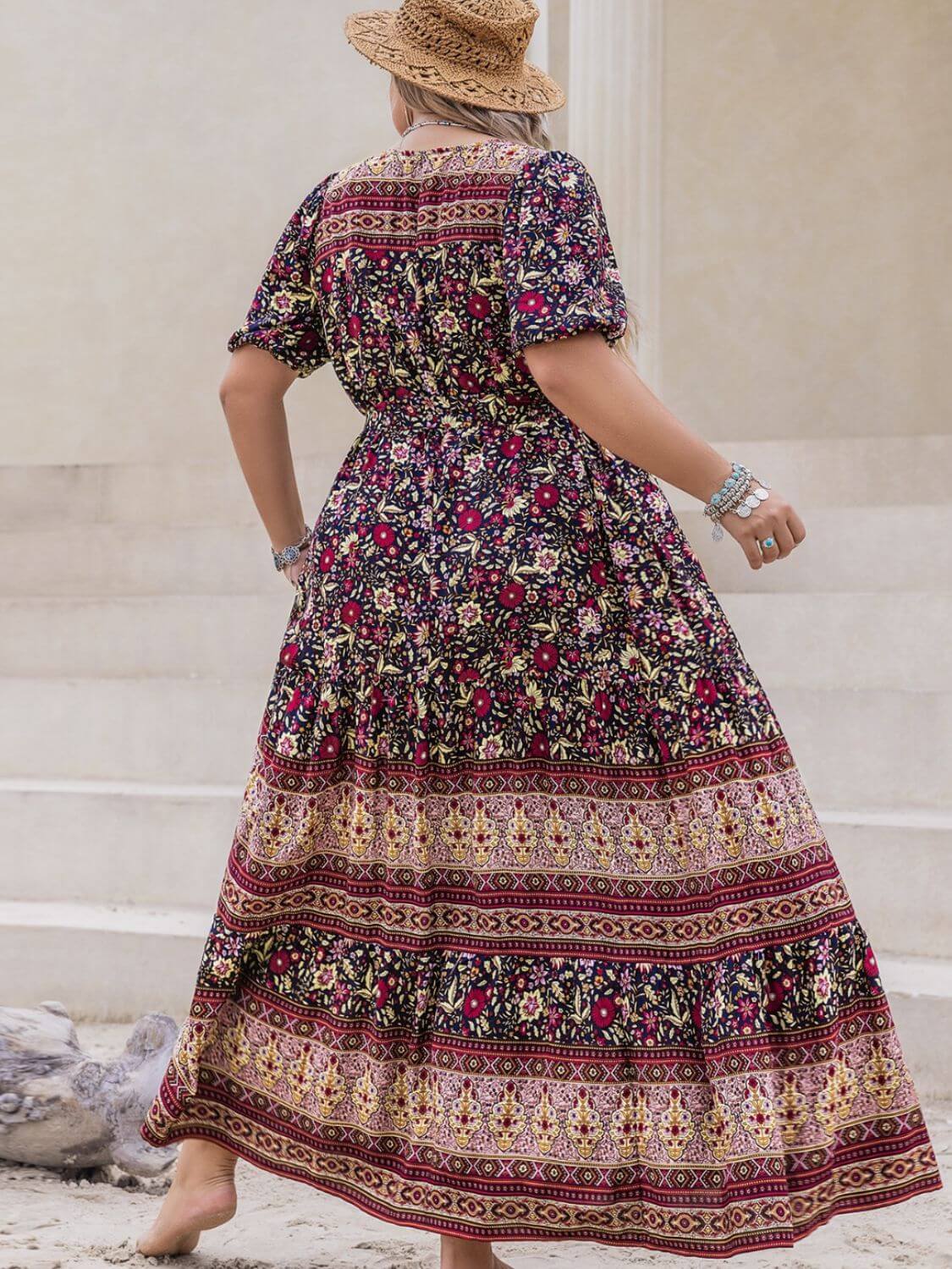 Plus Size Printed V-Neck Short Sleeve Maxi Dress in a vibrant floral pattern, shown from back view. Perfect for summer outings.