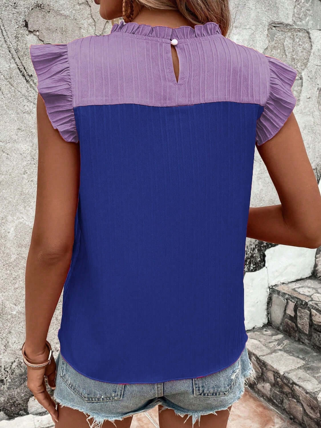 Frill Contrast Round Neck Cap Sleeve Top