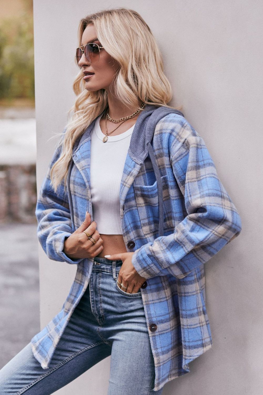 Plaid Dropped Shoulder Hooded Longline Jacket - Lily and Lavender Boutique