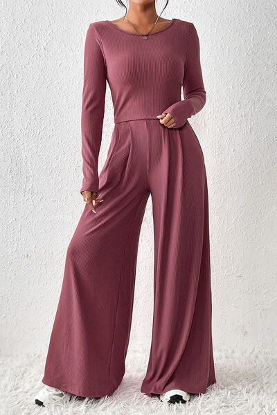 Ribbed Round Neck Top and Wide-Leg Pants Set - Lily and Lavender Boutique