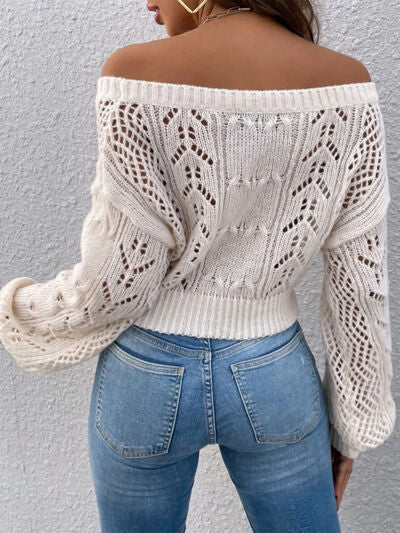 Openwork Off-Shoulder Long Sleeve Sweater - Lily and Lavender Boutique