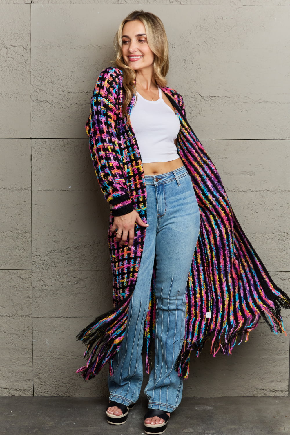 Multicolored Open Front Fringe Hem Cardigan - Lily and Lavender Boutique