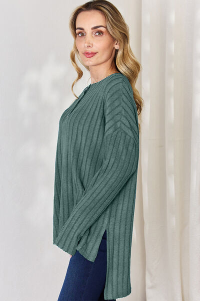 Basic Bae Full Size Ribbed Half Button Long Sleeve High-Low T-Shirt - Lily and Lavender Boutique