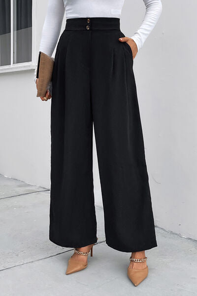 High Waist Ruched Pocketed Wide Leg Pants - Lily and Lavender Boutique