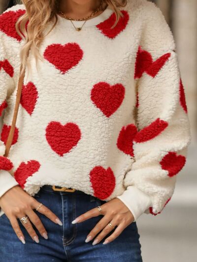 Fuzzy Heart Dropped Shoulder Sweatshirt - Lily and Lavender Boutique