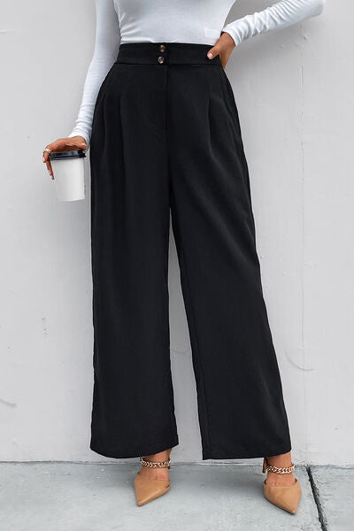 High Waist Ruched Pocketed Wide Leg Pants - Lily and Lavender Boutique