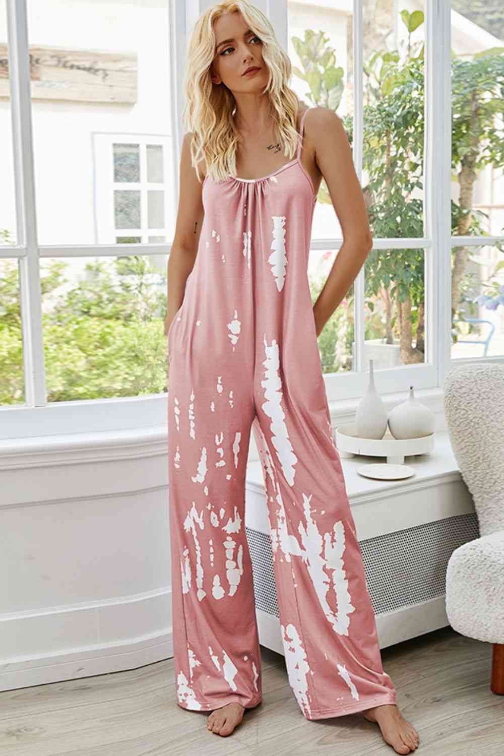 Tie-Dye Spaghetti Strap Jumpsuit with Pockets - Lily and Lavender Boutique