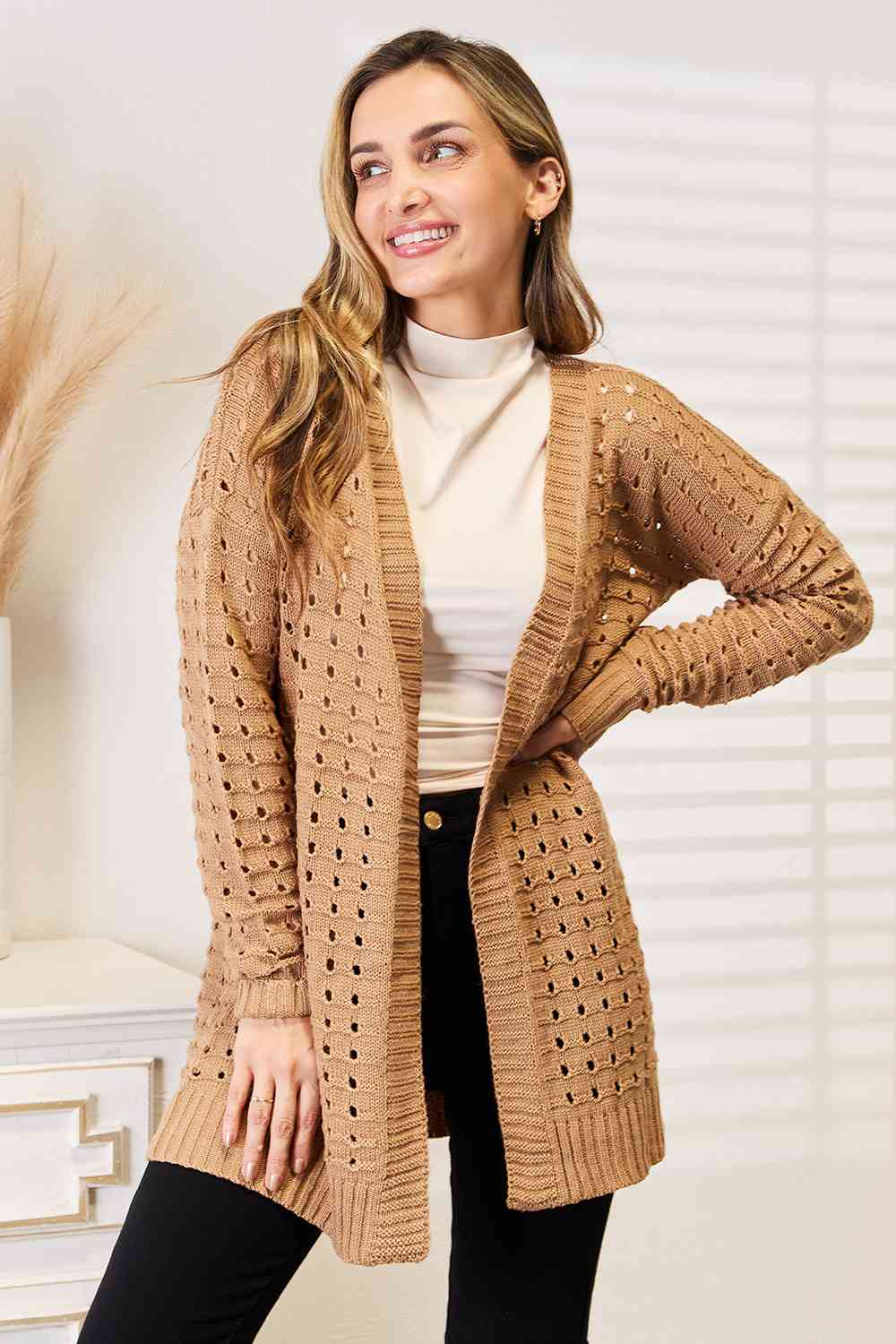 Woven Right Openwork Horizontal Ribbing Open Front Cardigan - Lily and Lavender Boutique