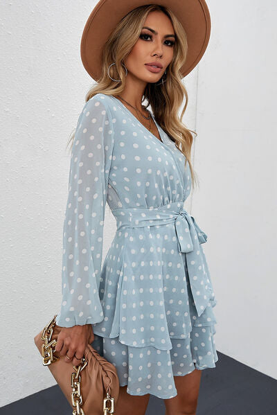 Tied Layered Polka Dot Balloon Sleeve Dress - Lily and Lavender Boutique