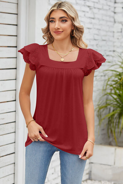 Eyelet Square Neck Cap Sleeve Blouse - Lily and Lavender Boutique